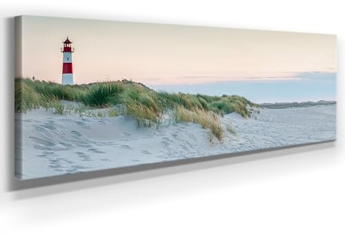 Atemberaubendes Nordsee Bild als Panorama Leinwand 150x50cm, Motiv Leuchtturm Sylt. Ein einzigartiges XXL Wandbild als Deko für Wohnzimmer, Schlafzimmer, Küche. Aufgespannt auf Holzrahmen