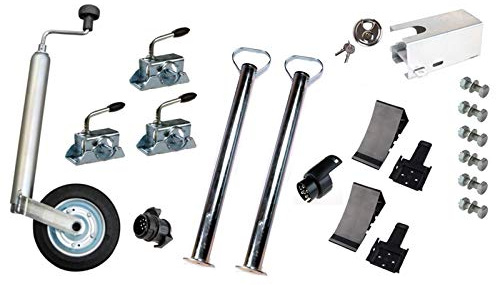 WAMO PKW-Anhänger Zubehörset: Stützrad, Stützen 700 mm, Klemmhalter, Keile inkl. Halter, Kastensicherung, Schloss und Adapter inkl. Befestigungsmaterial