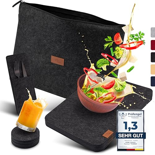 Home Genius® | 18er Premium Platzset 'TROMSØ' mit Aufbewahrungstasche 40x30cm | anthrazit | 5mm Tischset aus Filz - abwischbar & waschmaschinenfest | Bestecktasche, Teller- und Glasuntersetzer