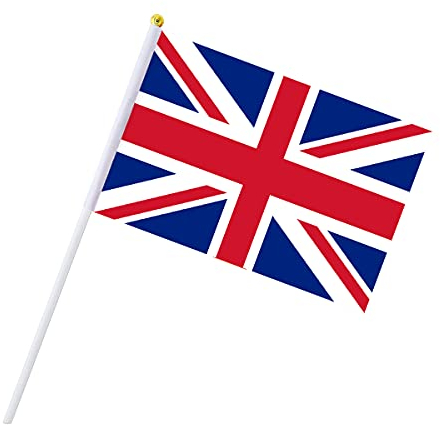 AhfuLife Union Jack Flags on Sticks, 15pcs Hand Held Great Britain British Small Flags with 30cm White Pole for World Cup Football Street Garden Party Decorations (14 x 21 cm, 15 Pcs)