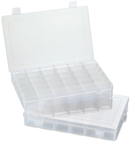 36 Grid Clear Plastic Organizer - Pack of 2- Bead Storage, Craft Organizer, DIY Small Parts Organizer, Jewelry Box, Fishing Tackle Box, Sewing, Nail Storage w/ Adjustable Dividers & 5 Sticker Labels
