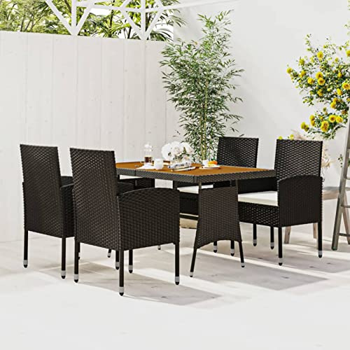 Tidyard 5 delar Utemöbler Möbler Matgrupp för trädgård, 4 personer, sittgrupp, matbord med bordsskiva i trä och 4 stolar med sittkuddar, terrassmöbler, trädgårdsmöbelset, polyrotting, svart