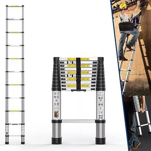 Teleskopleiter Klappleiter 3,2m AntiRutsch Mehrzweckleiter Ausziehbar Soft-Close, Edelstahl Tragbare ausziehbare Verlängerungsstufe Attic Leitern EN131 Safe Standard 330 LB Tragfähigkeit (3,2m/10,5ft)