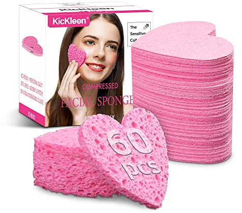 Kickleen 60-Count Compressed Cellulose Heart Shape Facial Sponges | 100% Natural Spa Sponges for Makeup and Mask Removal | Exfoliating | Reusable | Skin Massage (Pink)