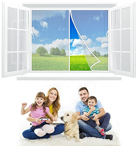 Heavy Duty Bug Blind Fly Blind Magnetic Screen Windows 250x165 cm with Hooks for Wooden Windows Frames, Magnetic Top to Bottom Seal Shuts Automatically White Z