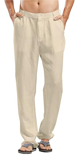 LVCBL Herren Leinenhose Lange Weite Sommerhose Regular Fit Lockere lässige Strandhosen Khaki M