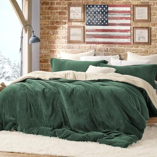 Lanqinglv Flauschig Bettwäsche 135x200 cm 4 Teilig Grün Beige Winter Plüsch Flanell Fleece Wendebettwäsche 2er Set Warme Cashmere Touch Biber 2 Bettbezug mit Reißverschluss und 2 Kissenbezug 80x80cm