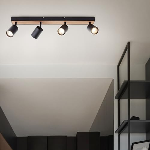 Lightbox LED Deckenspot im Nature Stil - 15 x 60 cm - Deckenstrahler mit schwenkbaren Köpfen & Basis aus Holz & warmweißer Lichtfarbe: 3000 K - Helligkeit 345 lm - aus Metall/Holz in Schwarz/Braun