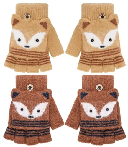 Zuimei 2 Pairs Kids Fingerless Gloves, Winter Flip Top Convertible Flap Cover Warm Knit Mitten Cartoon Gloves for Boys Girls 3-6Y