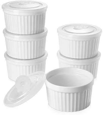 Samsle Porcelain 8 oz Ramekins With Lid, White Souffle Dishes set of 6, Mini Bowls for Creme Brulee, Ice Cream, and Sauces, Oven, Dishwasher and Microwave Safe