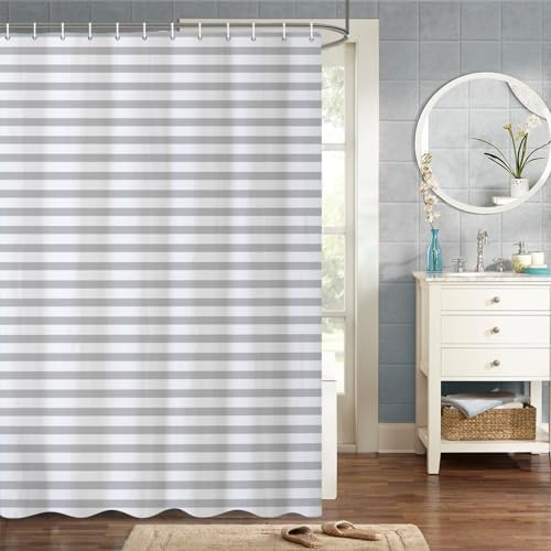 MIRRORANG 105x160cm Art Moderne Rideau De Douche Rayé Gris Clair Conception Rideau De Douche pour Salle De Bain Tissu Polyester Imperméable Ensemble avec Crochets