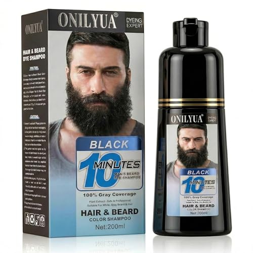 Men's 3-in-1 Black Beard & Hair Dye Shampoo, Instant Grey Darkening Beard Color Shampoo in 10 Minutes, Simpler Gray Reducing Mustache & Beard Dye for Men, with Plant Extract for Healthy Facial Hair