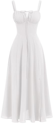 IBAKOM Femmes Robe d'été Spaghetti Bretelles Robe de Printemps Bohème Robe Avant Fourche Swing Midi Sun Jupe Fête Vacances Plage Robe Blanc S