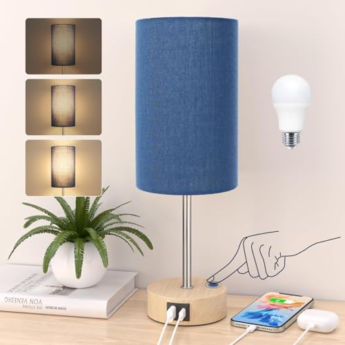 STANBOW Bedside Lamps, Table Lamp for Living Room Bedroom, Touch Dimmable | Bed Side Lamps with USB A+C Charging Ports, Small Lamp & Blue Fabric Shade for Kids Room, Study, Dorm, Office, Bulb Included