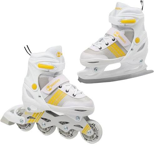 MADIVO Duo Set 2in1 Inliner/Schlittschuhe VERSTELLBAR | für Kinder und Jugendliche | Damen Herren Inline-Skates umbaubar zu Eislaufschuhe | Größen: 34-37, 38-41 (Weiß, M (34-37))