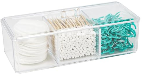 Wattestäbchen Behälter, Schubladen Organizer Stapelbar, Wattestäbchen Behälter Transparent 3 Fächer für Kommode Waschtisch Badezimmer, Küche - Platzsparend Verstellbare Trennwände Kompakt & Langlebig