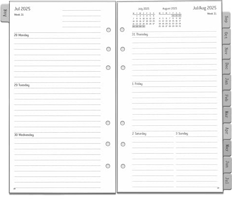 2025 2026 Wochenplaner Einlage Personal A6, 6 Löcher, 1 Woche 2 Seiten mit Tabs, Extra Notizen Kontakt, von Aug.25 bis Jul.26, 100 gsm, 95x171mm, Nachfüllpapier auf Englisch