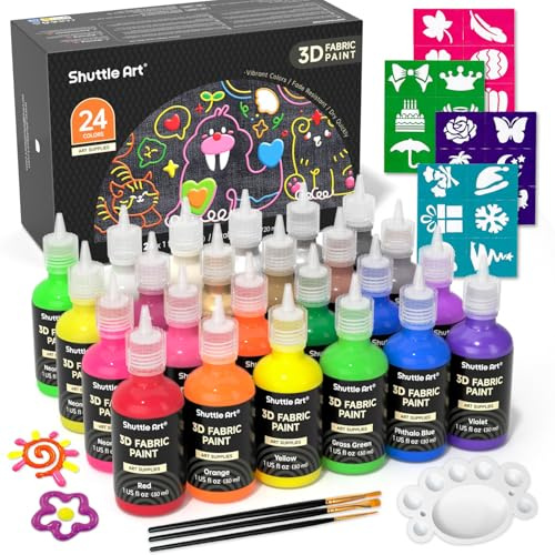 Shuttle Art Pittura permanente 3D per tessuti, 24 colori, con pennelli, tavolozza di tessuti, stencil fosforescenti, glitter, metallizzato, per tessuti, magliette, jeans, vetro
