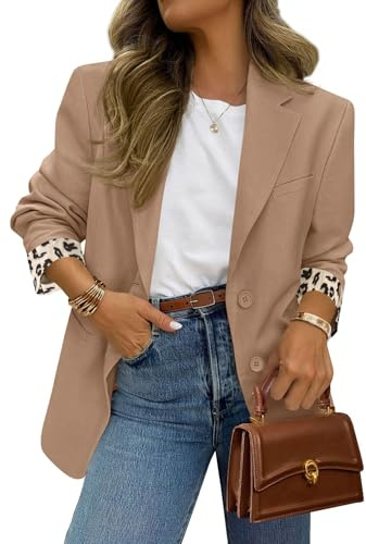 PRETTYGARDEN Blazers for Women 2026 Fall Work Office Suit Jackets Dressy Open Front Leopard Blazer Business Casual Outfits (Khaki,Medium)
