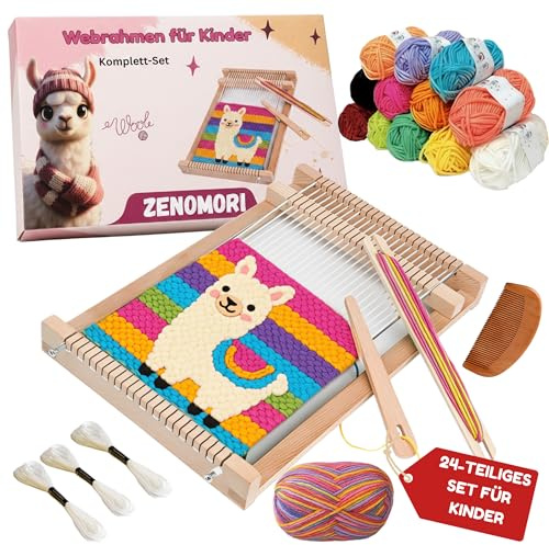 ZENOMORI Premium Webrahmen für Kinder ab 4 Jahre zum Weben und Stricken -DIY Holz Webstuhl Kreatives-Bastelset 29x19cm mit farbiger Wolle Schulwebrahmen für Anfänger und Schüler