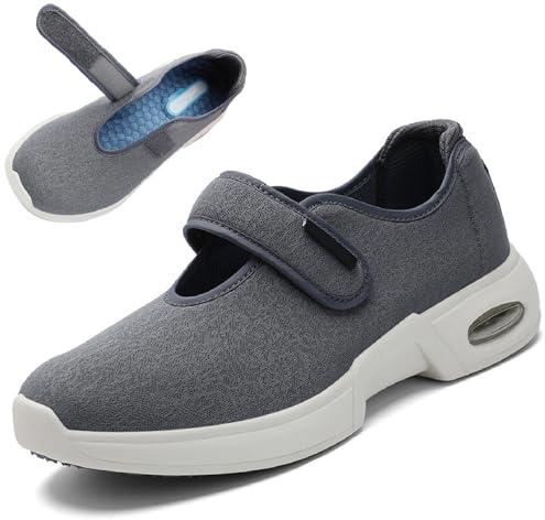 Diabetiker skor för män och kvinnor, lätta extra breda, justerbara sneakers utan skosnören halkfria bekväma skor för artrit ödem puffiga fötter, Mörkgrå, 45 EU Bred