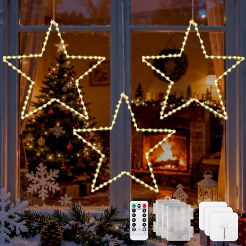 Femkey Luces Navidad Estrellas, 3 Pack 135 LED Cortina de Luce Estrellas con 8 Modos Pila con Temporizador, IP44, Luces Ventana Navidad Interior Exterior, Decoracion Navideñas para Fiesta, Balcón