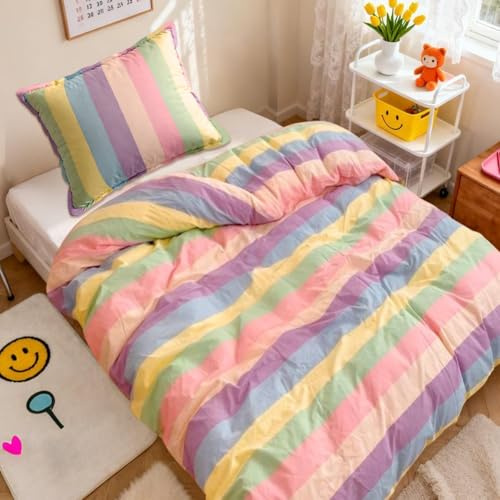 FARYODI Ropa de cama infantil de 135 x 200 cm, con funda de almohada de 80 x 80 cm, diseño de rayas multicolor para niñas, funda nórdica con cremallera