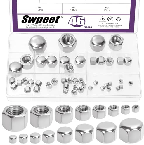 Swpeet 46Pcs 8 Sizes M3 M4 M5 M6 M8 M10 M12 M14 DIN917 304 Stainless Steel Short Low Cover Cap Acorn Nut Kit, Hexagon Low Type Thin Cap Acorn Nut, Hexagonal Cover Blind Nut for Machinery, Furniture