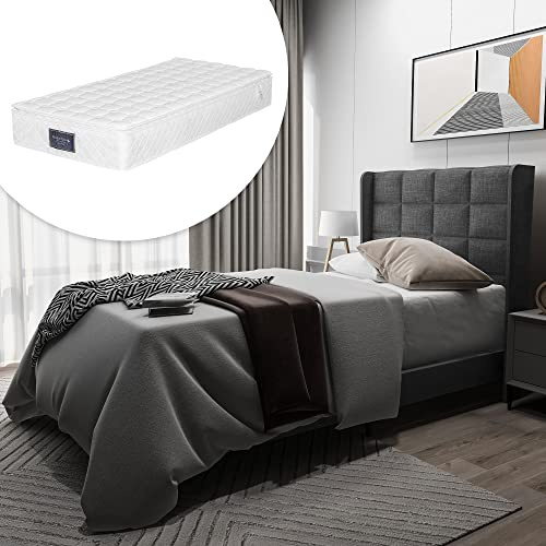 vutizal Sängklädsel, sängram, enkelsäng, dubbelsäng, 90 x 200 cm grått linne | 7-zons madrass ribbotten | komplett set H3 hårdhet | Modern konstruktion