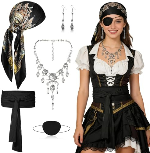 Charfia Piratenkostüm Damen Zubehör,Kopftuch Pirat Damen und Schärpe,Augenklappe Pirat, Piraten Totenkopf-Halskette und Ohrringe für Hallowee Kostüm Karneval Fasching Kostüm