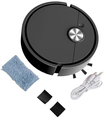 Aspiradora robótica 3 en 1 con trapeador con navegación automática, trapeador húmedo, sensores anticaídas, anticolisión para suelos duros, alfombras de pelo bajo, 16 cm de diámetro (negro)