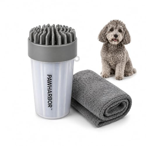 PawHarbor Dog Paw Cleaner Cup with Soft Silicone Brush & Drying Towel, Portable Muddy Paw Washer for Small & Medium Dogs – Easy Twist Cleaning, BPA-Free