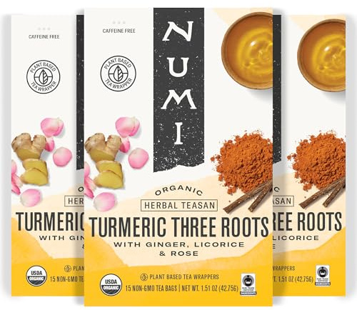 Numi Organic Three Roots Turmeric Tea, 45 Turmeric Tea Bags With Ginger, Licorice, Rose, Caffeine Free