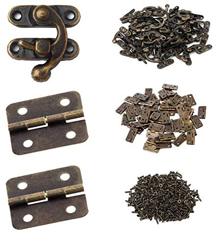 Gizhome 25 Sets Antiker rechter Knüpfhaken und 50 Sets antike Bronze kleine Box Mini-Scharniere mit schrauben für Holz-Schmuckkasten, Bronze-Ton