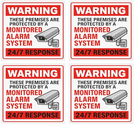 CCTV & Alarm System Warning Stickers – 24 Hour Monitored Premises Sign – Self Adhesive – 100mm x 100mm – 4 Pack