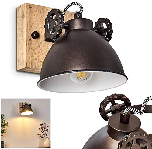 Wandleuchte Svanfolk, Wandlampe aus Metall und Holz in Schwarz-Braun/Natur, 1-flammig, mit verstellbarem Strahler, 1 x E14-Fassung, Retro/Vintage Design, ohne Leuchtmittel
