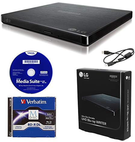 Produplicator LG BP60NB10 Portable 6X Ultra HD 4K Blu-ray Burner External Drive with CyberLink Software, 50GB M-DISC BD-R DL, and USB Cable - Burns CD DVD BD DL BDXL Discs