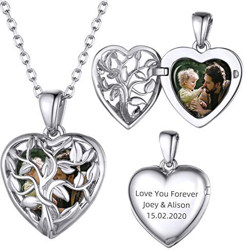 GoldChic Lebensbaum Kette Medaillon S925 Silber Herzanhänger mit Personalisierte Text Gravur Silberfarbe Halskette Amulett für Damen Mädchen Aufklappbar Medaillons