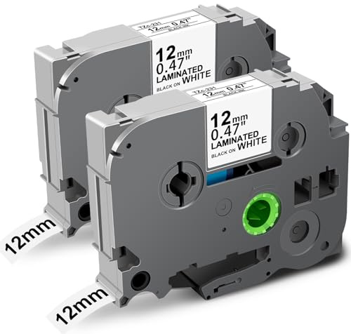 TZe-231 Kompatibel mit Brother P-Touch Bänder 12mm Brother TZe Schriftband | TZe-231 TZe231 12mm 0.47 Laminiertes Schriftband für Ptouch H110 H107B H105 H100LB, Schwarz auf Weiß, 2 Pack