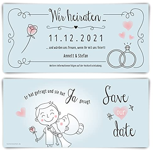 20 x Hochzeit Save the Date Karten personalisiert individuell DIN Lang - Küssendes Paar