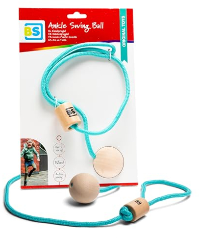 BS Toys Swingball für Kinder – Retro-Hüpfspiel ab 6 Jahren – Outdoor-Spielzeug mit Holz-Kugel – Blau, Seillänge 75 cm