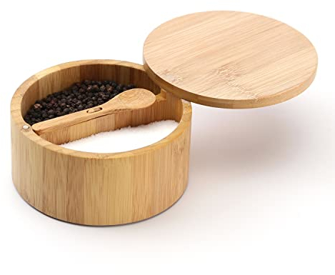 KITCHENDAO Salzstreuer mit Deckel, Bambus Salzdose und Pfefferstreuer - Eingebauter Löffel zur zur Staubvermeidung - Salztopf mit Drehbarer Deckel- Großer Salzbehälter Dual 7 Unzen Kapazität