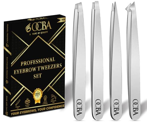 OCBA Tweezers for Facial Hair Women & Men for Precise Grooming of Eyebrows - Professional Stainless Steel Black Color Coated Eyebrow Tweezers for Ingrown Hair on Nose Ear (2 Pcs) (Silver)