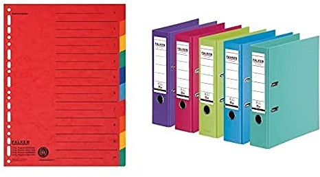 Set aus: Original Falken Karton-Register überbreit A4 24 x 29,7 cm mit Organisationsdruck 10 tlg 2x5 Farben & 10er Pack Falken Chromocolor Premium-Ordner Kunststoffbezug 8cm breit A4 farbig sortiert