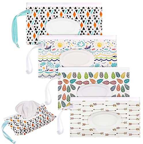 RosewineC 4 Pack Wet Wipe Pouch, Extra Large 10 x 6 Reusable Baby Wipe Case Refillable Wipes Dispenser Travel Container Wipes Bag for Baby and Adult (Colorful)