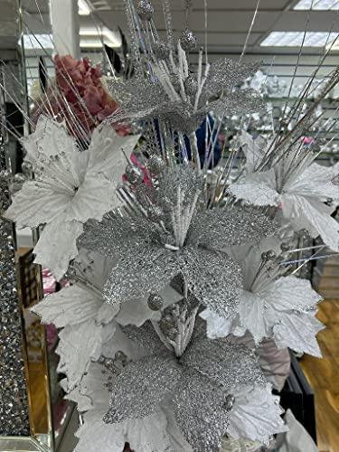 CRYSTAL CROWN Künstliche Bloomer Blume Ornament, Glitzer Blumen für Vase Home Dekoration, 35cm Seidenblumenstrauß, Weiß & Silber (Silber & Weiß)