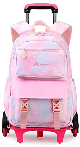 Tanou Rucksack mit Rollen, Leichte Schulrucksack zum Rollen für Mädchen 1-5.Klasse, Kinder Trolley Schulranzen, 16 Zoll, Rosa Stern