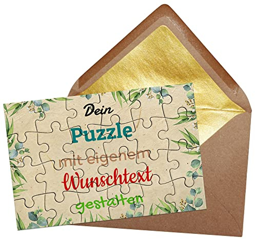 Puzzle selbst gestalten mit Text - 24 Teile Puzzle Personalisieren mit Wunschtext, inkl. Briefumschlag mit Gold-Inlay | Hintergrund Beige mit Pflanzen