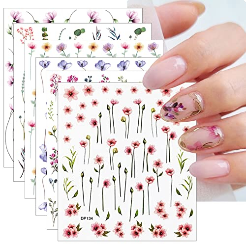 JMEOWIO Nagelsticker Frühling Blume 6 Blatt Nail Art Sticker Selbstklebend Nagelaufkleber Sommer Verlässt Blumen Dekoration Nageldesign Zubehör
