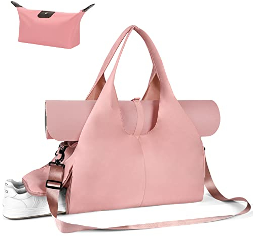 Aucuu - Bolsa de fitness deportiva y yoga con compartimento para zapatos y bolsillo húmedo, gran alfombra para pilates, hombres y mujeres, rosa, L, Rosa